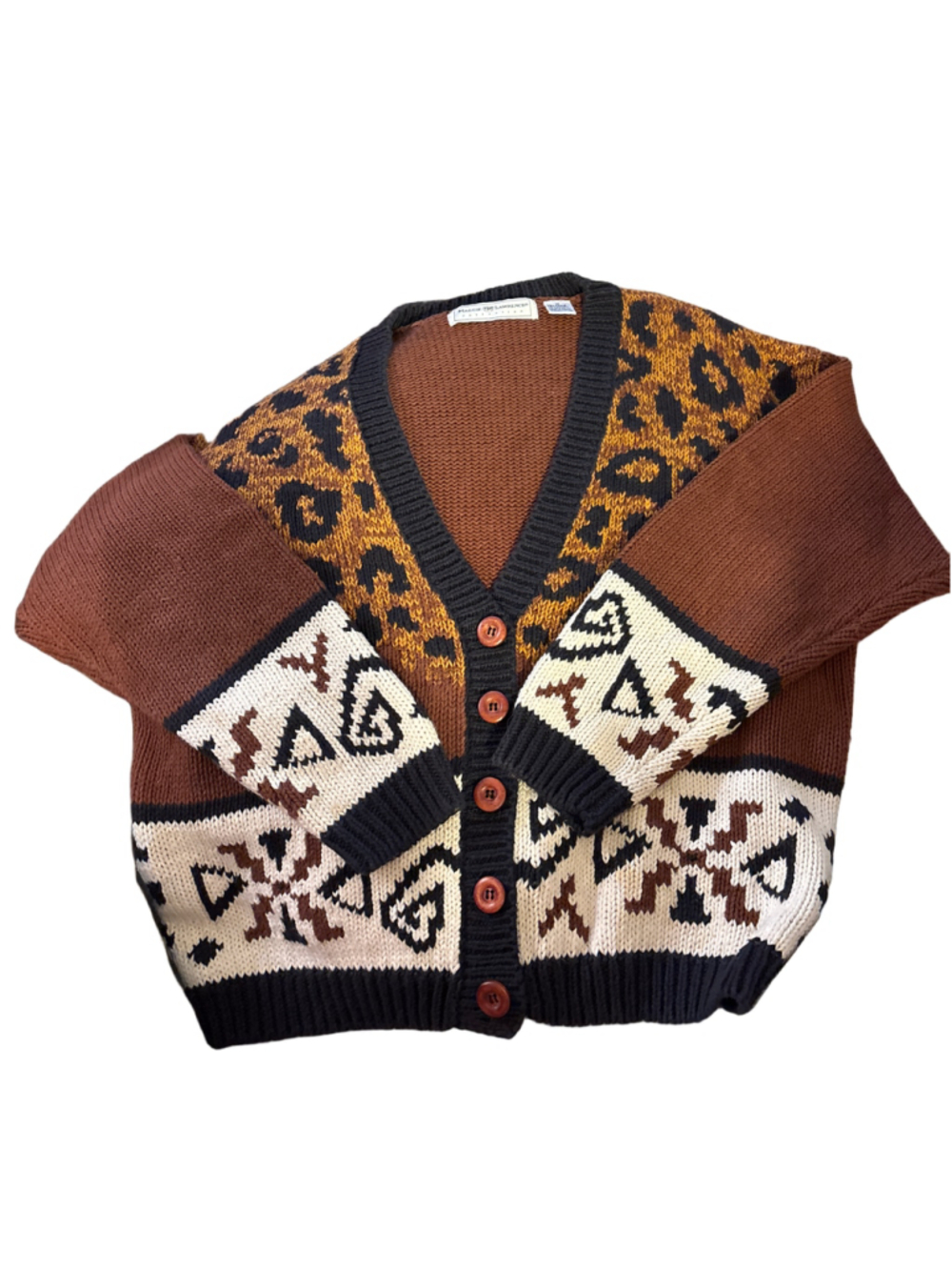 Women's Maggie Lawrence Cardigan Sweater Size M Brown Beige Leopard Print Vtg
